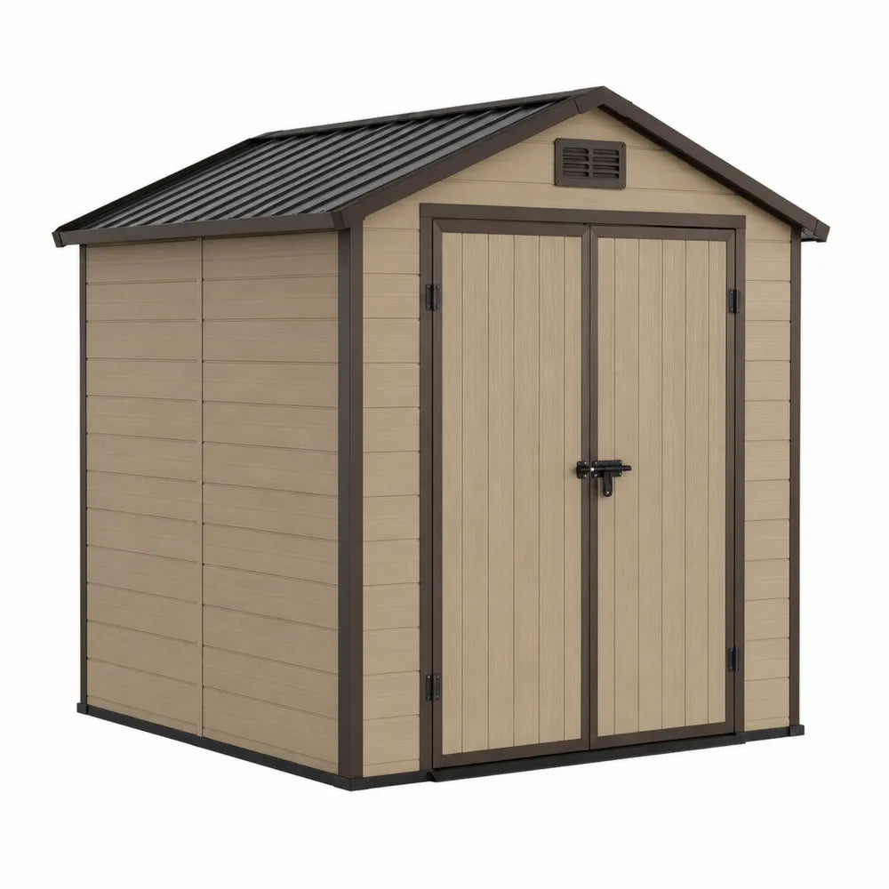 Abri de rangement extérieur 213 x 130 x 185 cm polypropylène beige marron foncé double porte toit à deux pentes