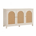 Buffet de rangement rectangulaire 3 portes avec cannage en rotin naturel MDF blanc cassé poignées dorées 120 cm x 40 cm x 75 cm