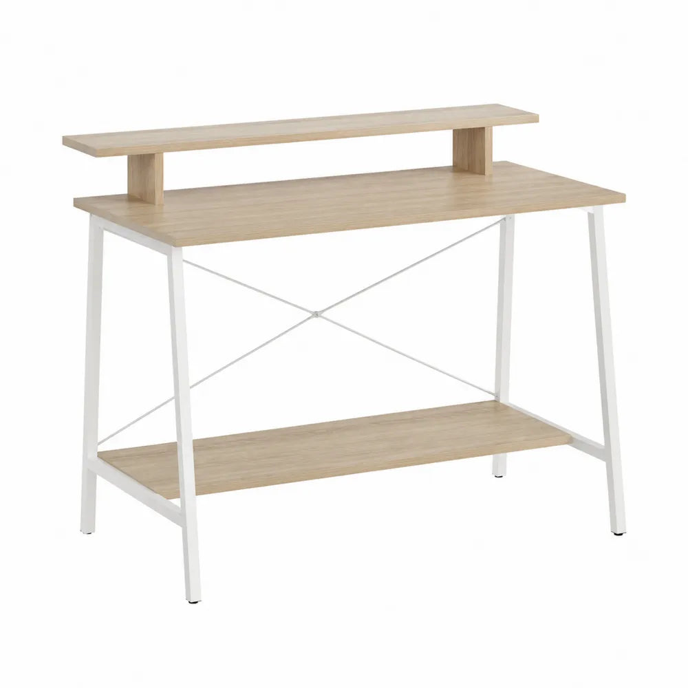 Bureau informatique avec étagères 120 x 55 x 90 cm MDF mélaminé acier rectangulaire chêne clair blanc
