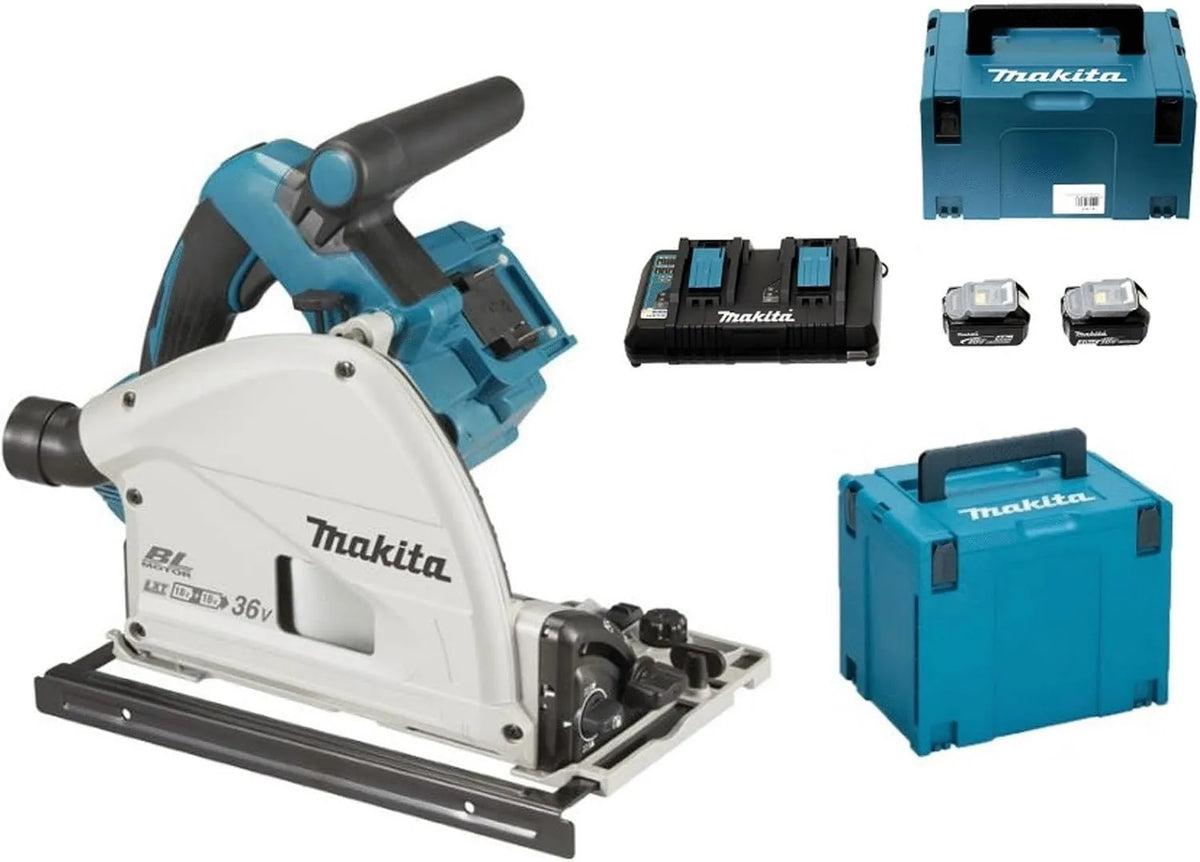 Makita DSP600PT2J Scie circulaire pour des coupes droites rapides dans panneaux et pièces de bois 36V LXT BL Ø165 mm 2x5 – 0 Ah