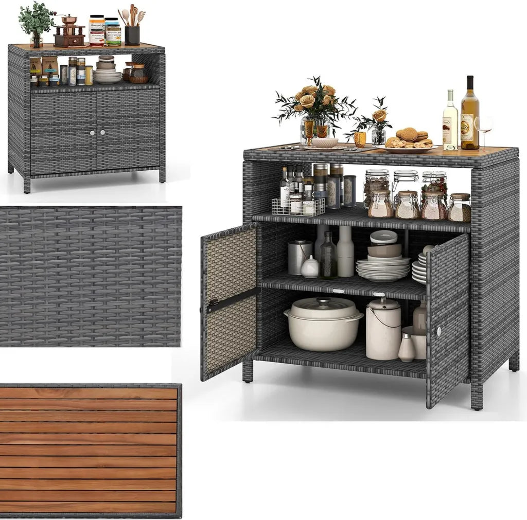 Buffet de Jardin en Rotin Imperméable, Armoire de Rangement en Bois d'Acacia pour Extérieur, 90x53 cm, Gris