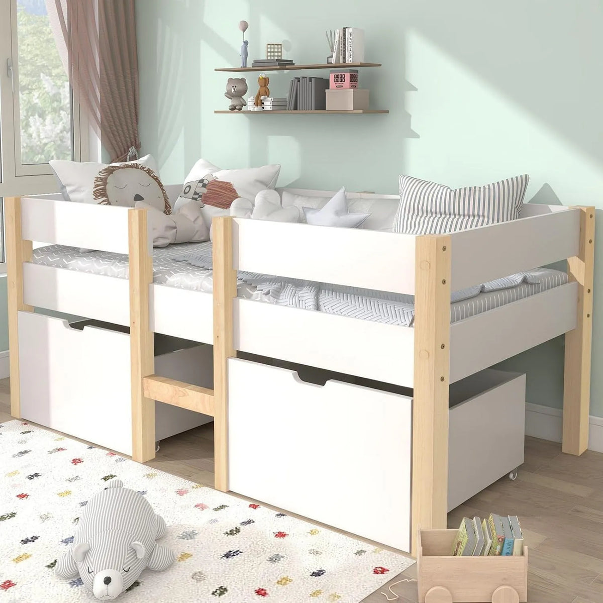 Lit d'enfant en Mezzanine avec Clôture de Sécurité et 2 — pour enfant, en bois, avec rangement, avec tiroirs, 2 tiroirs, 90 × 190CM