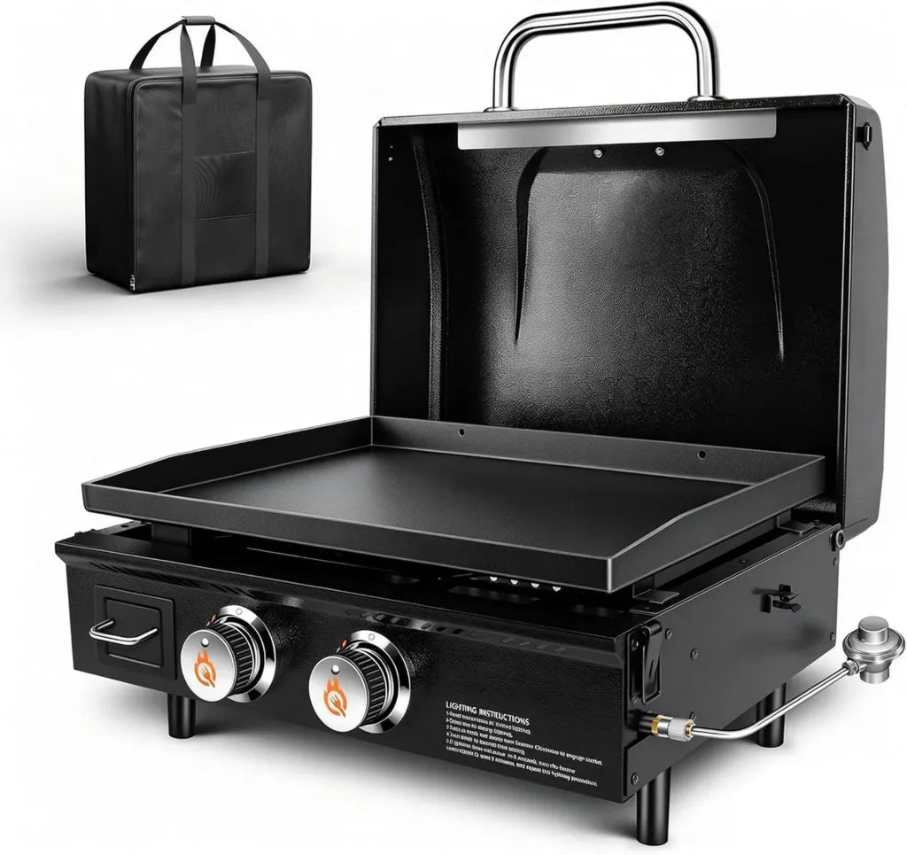 Plancha à Gaz Portable 2 Brûleurs avec Capot - Barbecue au Propane 22'' - Surface Antiadhésive - 48 000 BTU