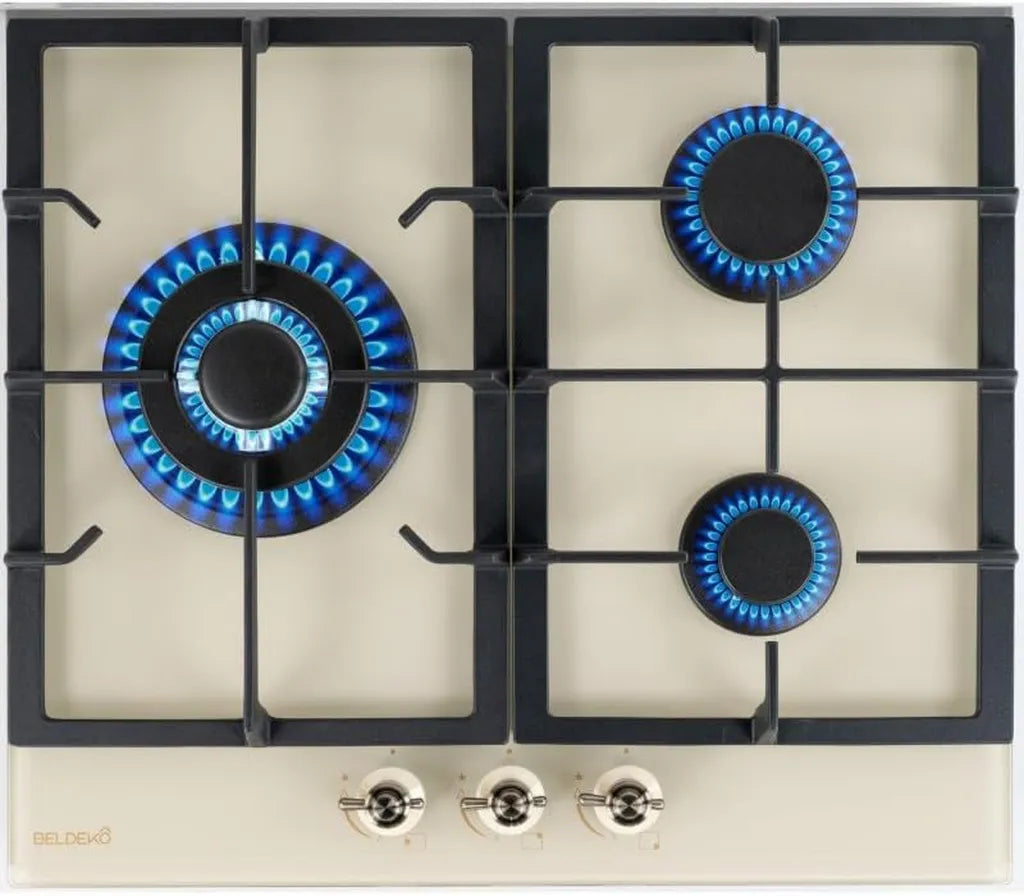 Plaque de Cuisson à Gaz 3 Feux 6200W Beige avec Grilles en Fonte