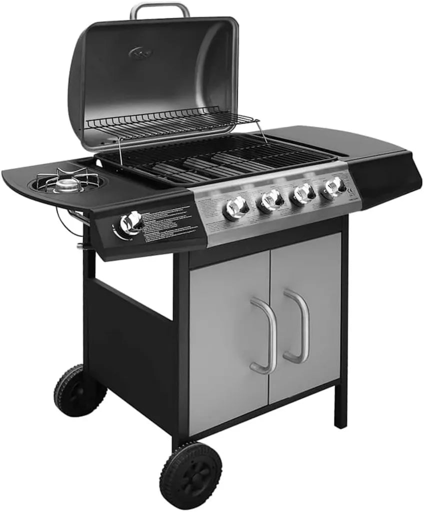 Barbecue à gaz 5 brûleurs avec surface de cuisson en acier inoxydable et thermomètre intégré
