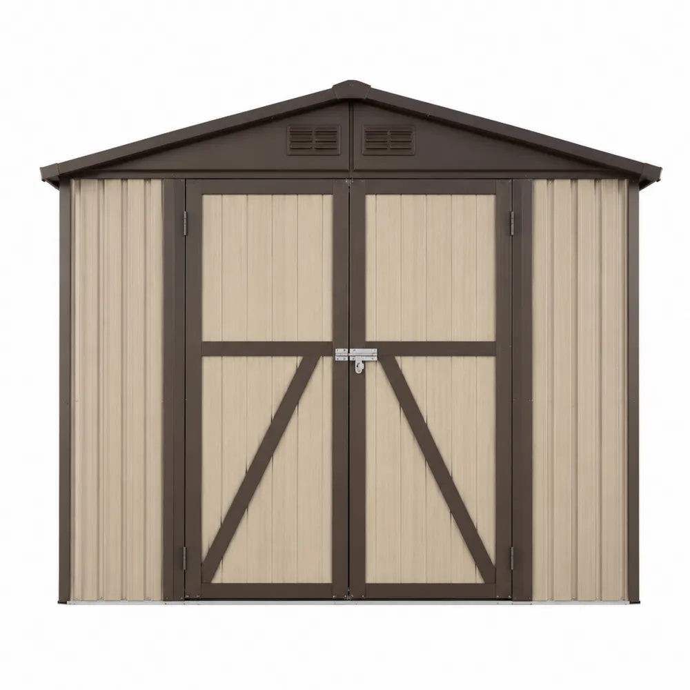 Abri de rangement extérieur 257 x 205 x 218 cm polypropylène beige brun foncé double porte toit à deux pentes