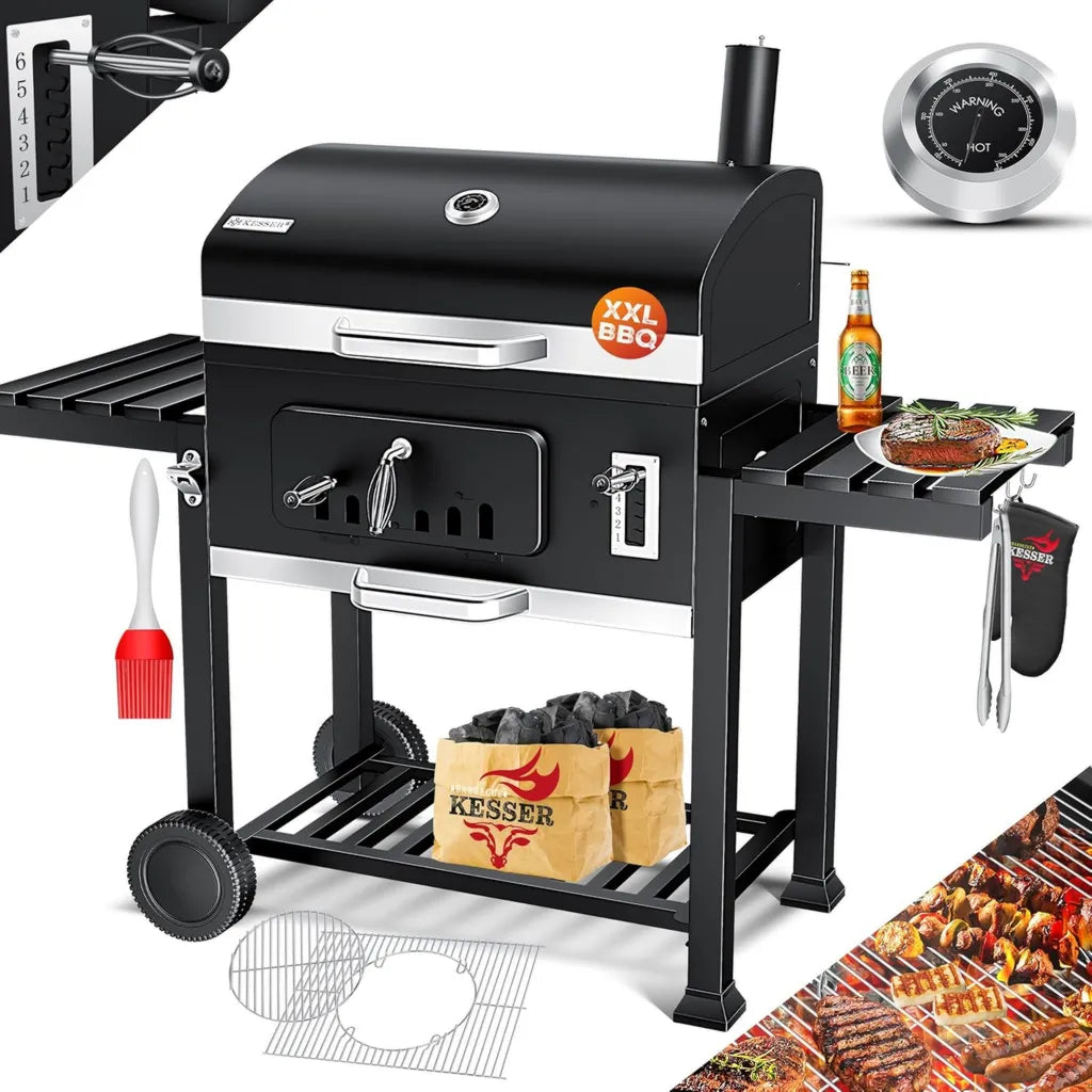 Barbecue à Charbon de Bois XXL avec Chariot et Thermomètre