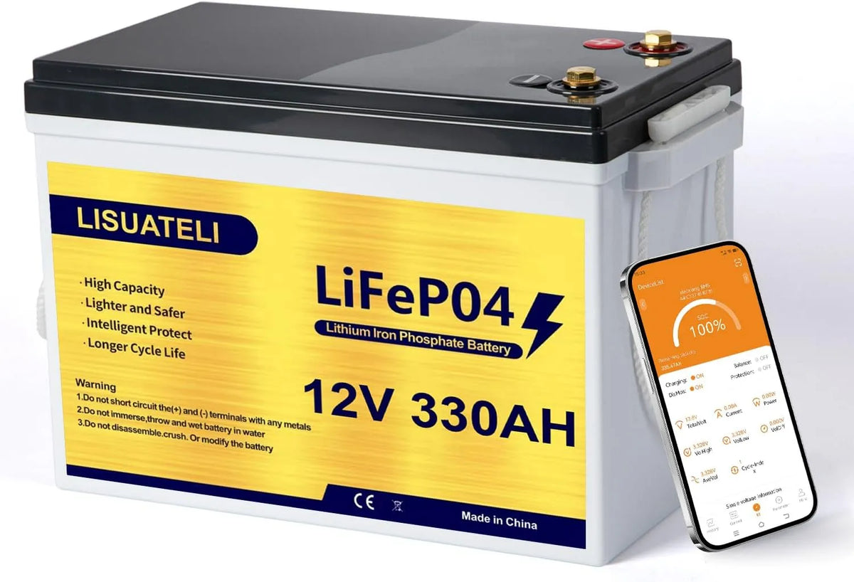 LiFePO4 Batterie lithium LiFePO4 et batterie solaire à décharge profonde, 330 Ah, alimentation solaire, avec BMS, contrôle par application, 12 V