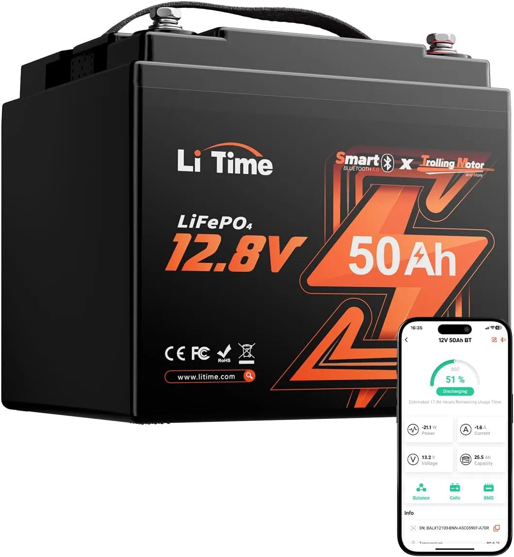 LiTime LiFePO4 Batterie lithium LiFePO4 et batterie solaire à décharge profonde, alimentation solaire, 50Ah, 12V, avec BMS, avec Bluetooth