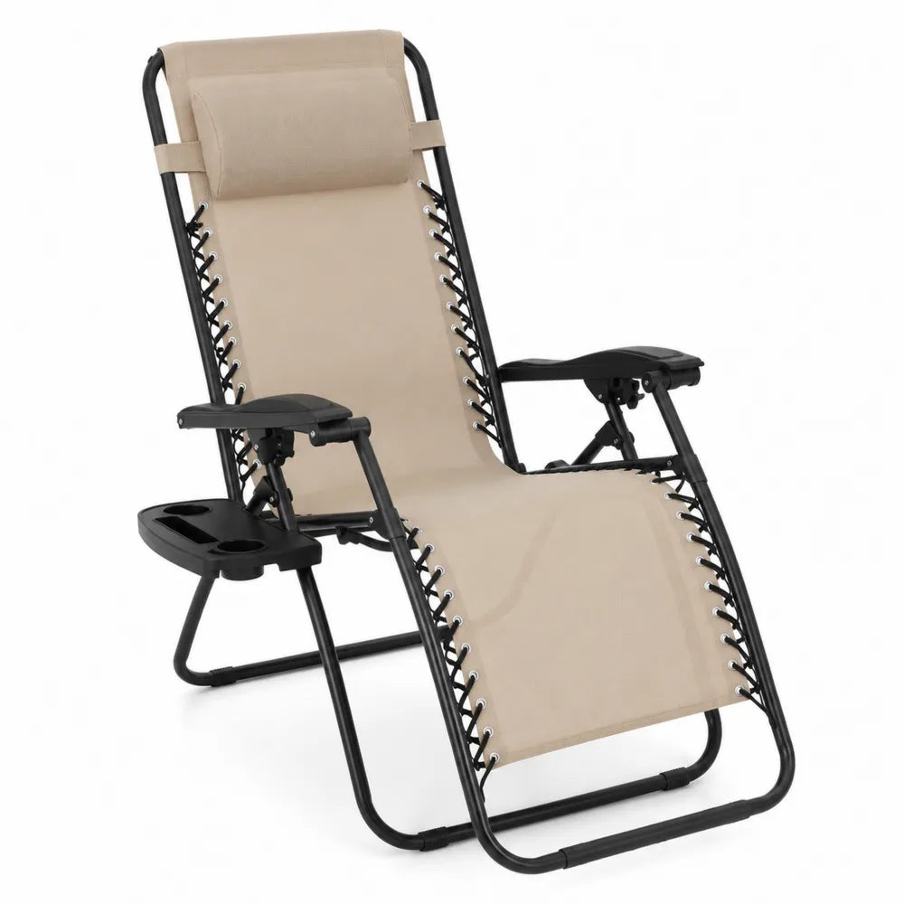 Transat de jardin pliable inclinable en textilène beige et acier noir avec tablette 160 x 66 x 110 cm