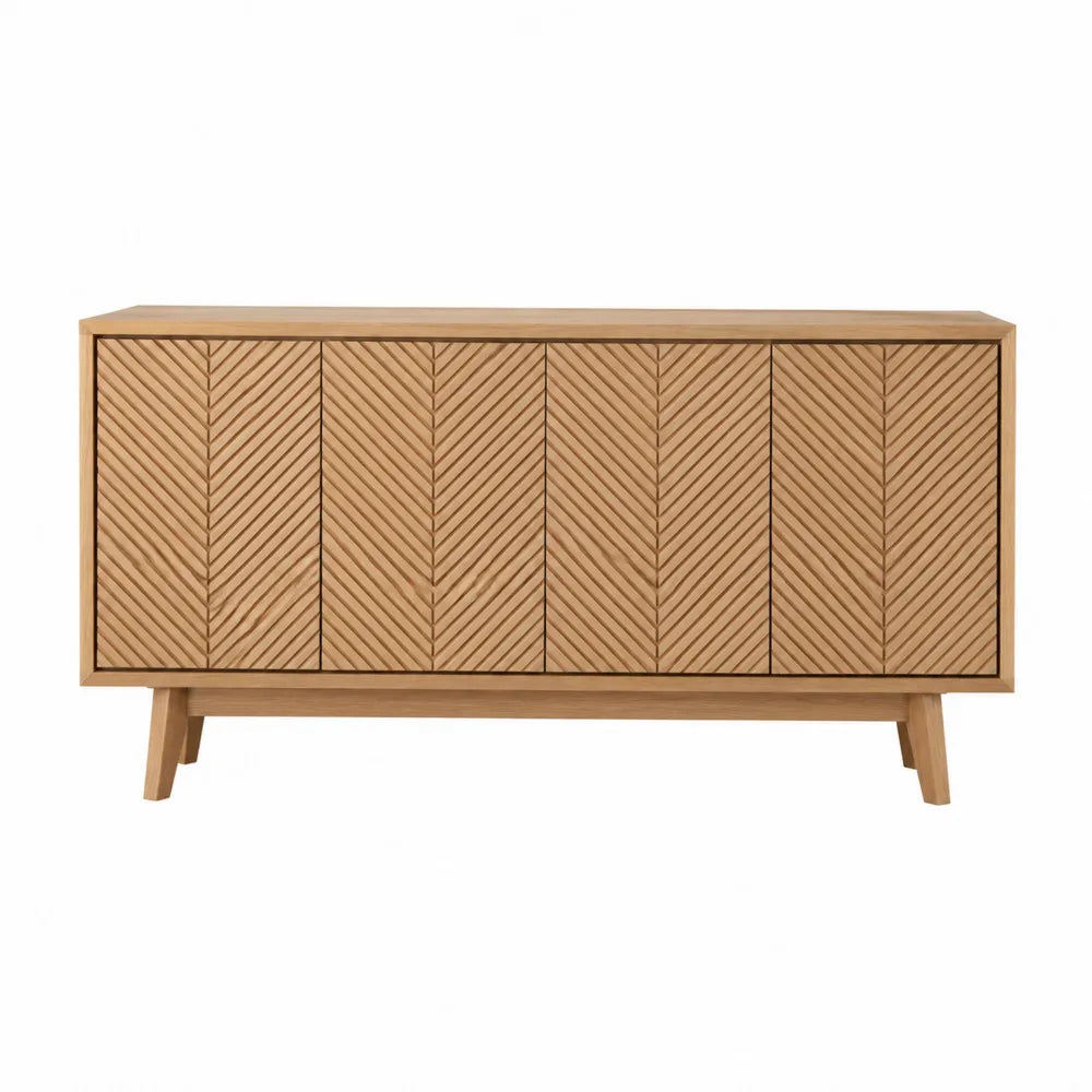 Meuble de rangement rectangulaire 6 portes façades chevrons MDF plaqué chêne clair 160 cm x 40 cm x 75 cm