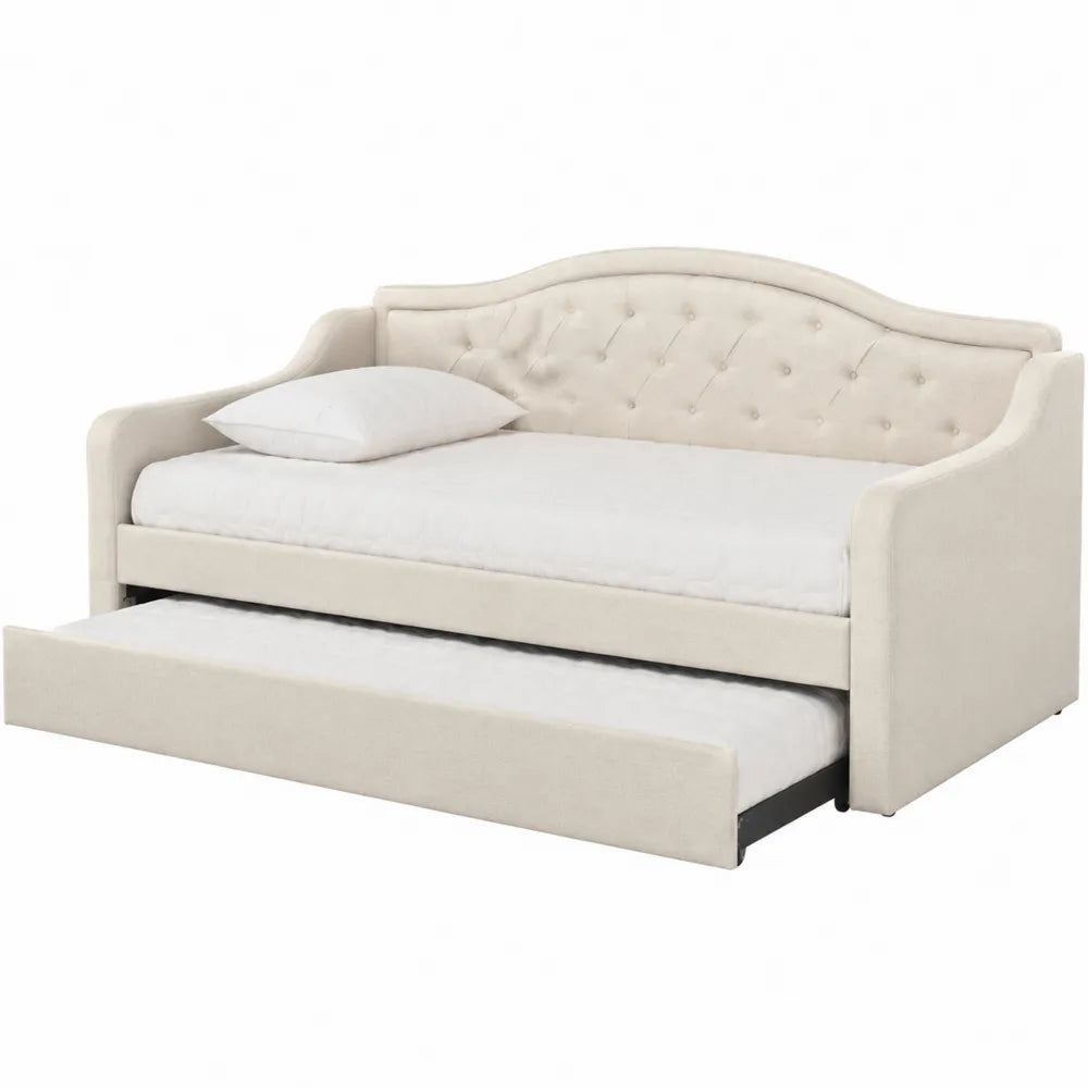 Lit de jour avec lit gigogne rectangulaire en tissu polyester beige contreplaqué et acier noir 214 x 99 x 88 cm