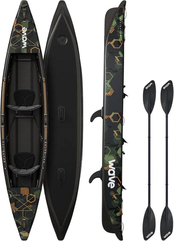 Kayak Gonflable Double Wave Navigator 3.0 – Coque Rigide Drop-Stitch – Kit Complet avec Pagaie, Pompe et Siège – Stable et Portable pour Lacs et Rivières – Motif Camouflage