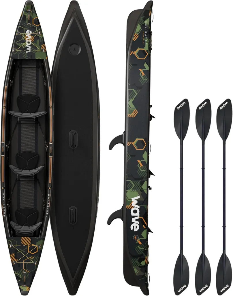 Kayak Gonflable 3 Places Camouflage avec Coque Rigide - Inclut Pagaie, Pompe et Siège - Idéal pour Lacs et Rivières