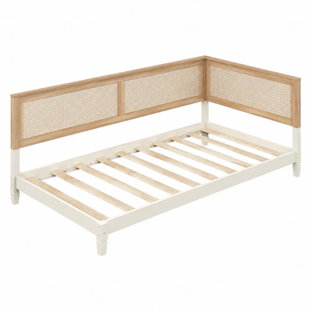 Lit de jour banquette 90 x 200 cm 208 x 98 x 86 cm pin massif rotin naturel blanc rectangulaire