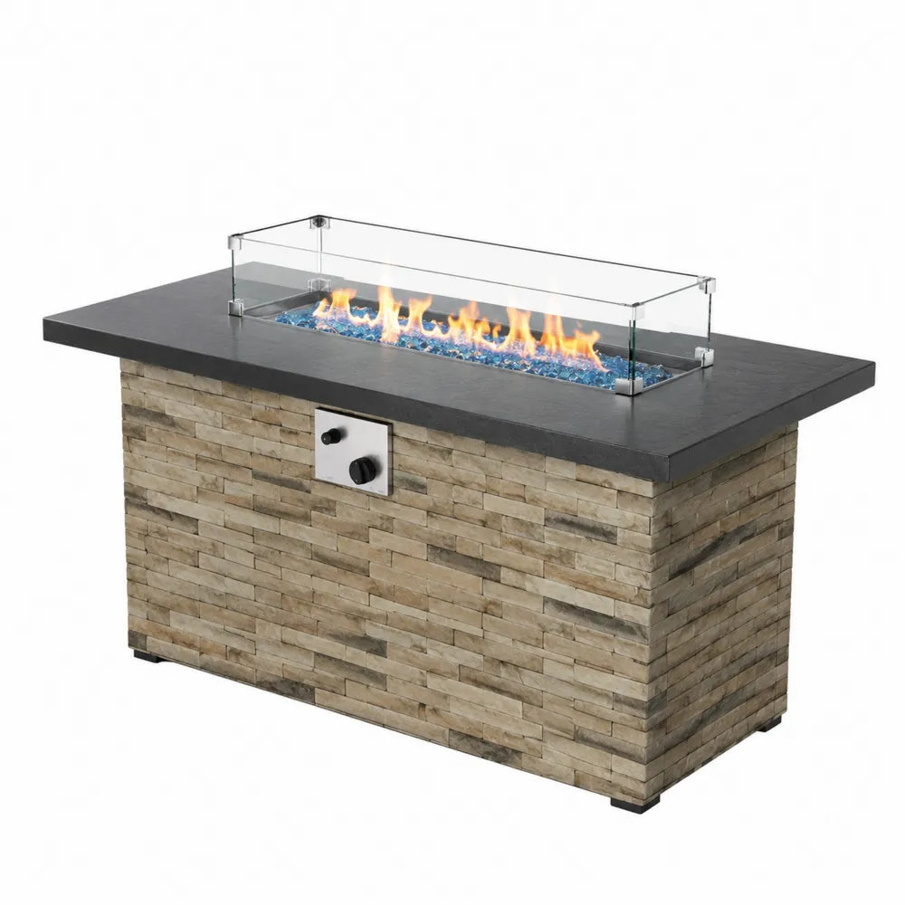 Table brasero à gaz rectangulaire 140 x 70 x 78 cm ciment fibré effet pierre beige et gris plateau noir verre trempé