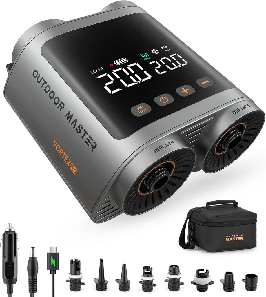 Pompe Électrique Portable OutdoorMaster Vortex Pro 57.7Wh pour Paddle et SUP, Rechargeable avec Batterie 20 PSI, 8 Buses Incluses, Entrée Type-C
