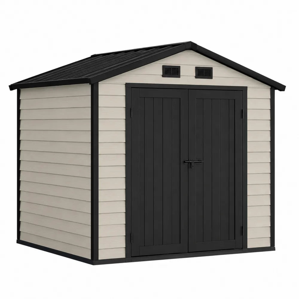 Abri de rangement extérieur rectangulaire 213 x 130 x 185 cm en polypropylène beige et noir avec double porte