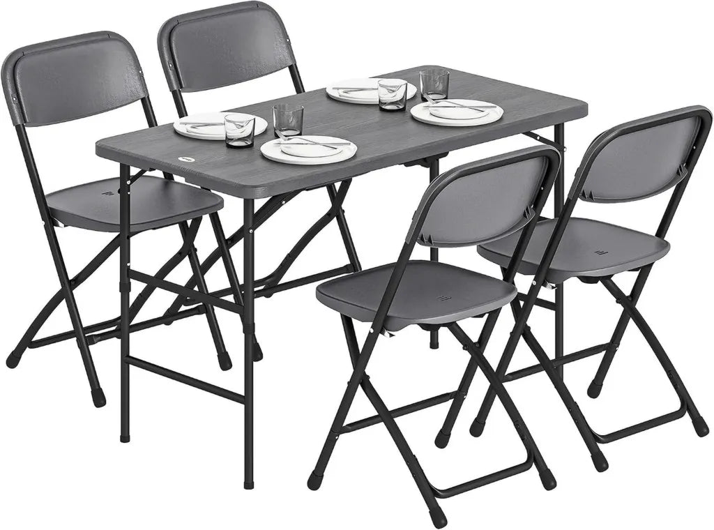 Ensemble de Jardin Pliable pour 4 Personnes avec Table Réglable Effet Bois et Chaises Gris Foncé