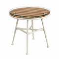 Table de jardin ronde diamètre 90 cm hauteur 74 cm plateau en acacia massif et verre trempé pieds en acier crème
