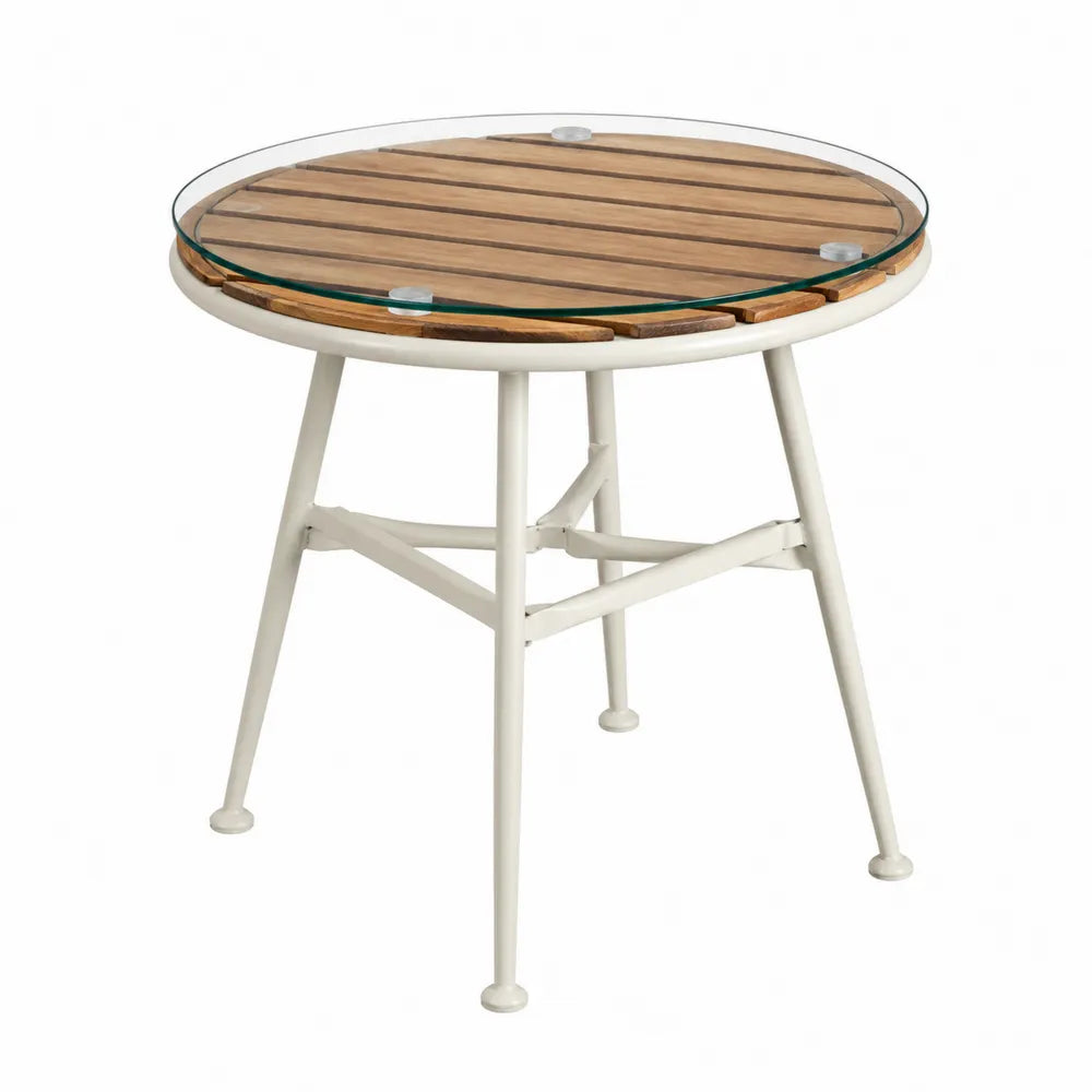 Table de jardin ronde diamètre 90 cm hauteur 74 cm plateau en acacia massif et verre trempé pieds en acier crème