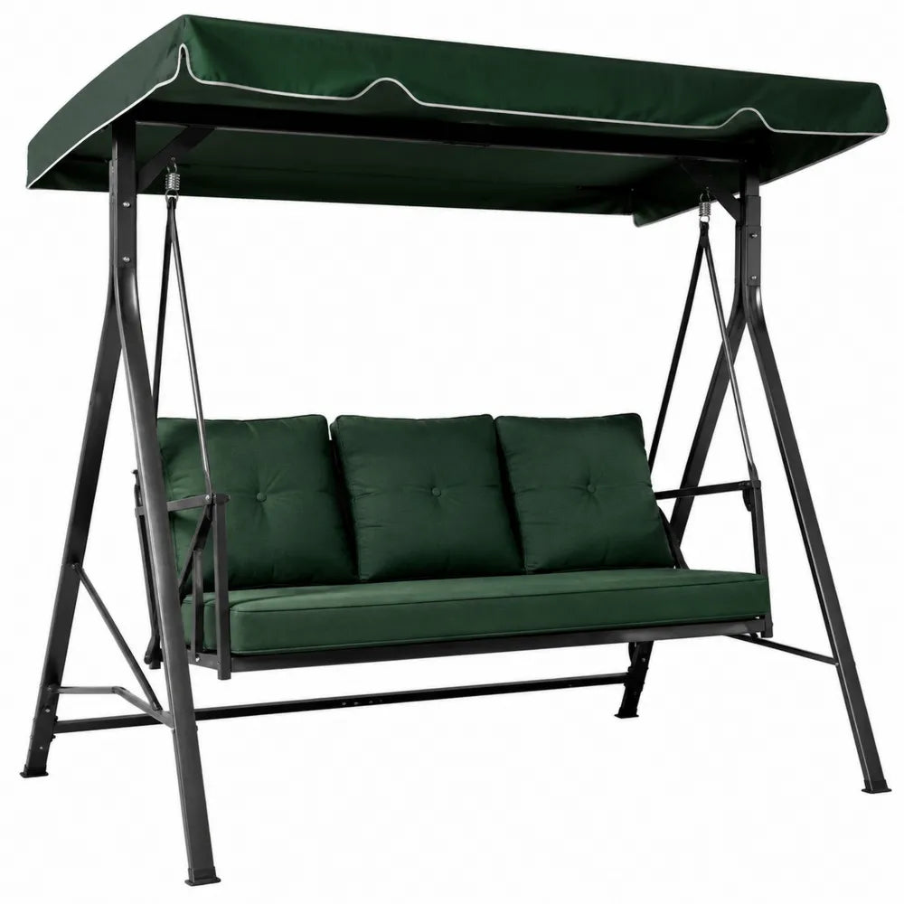 Balancelle de jardin 3 places en acier thermolaqué noir et polyester vert foncé avec coussins 210 x 120 x 170 cm