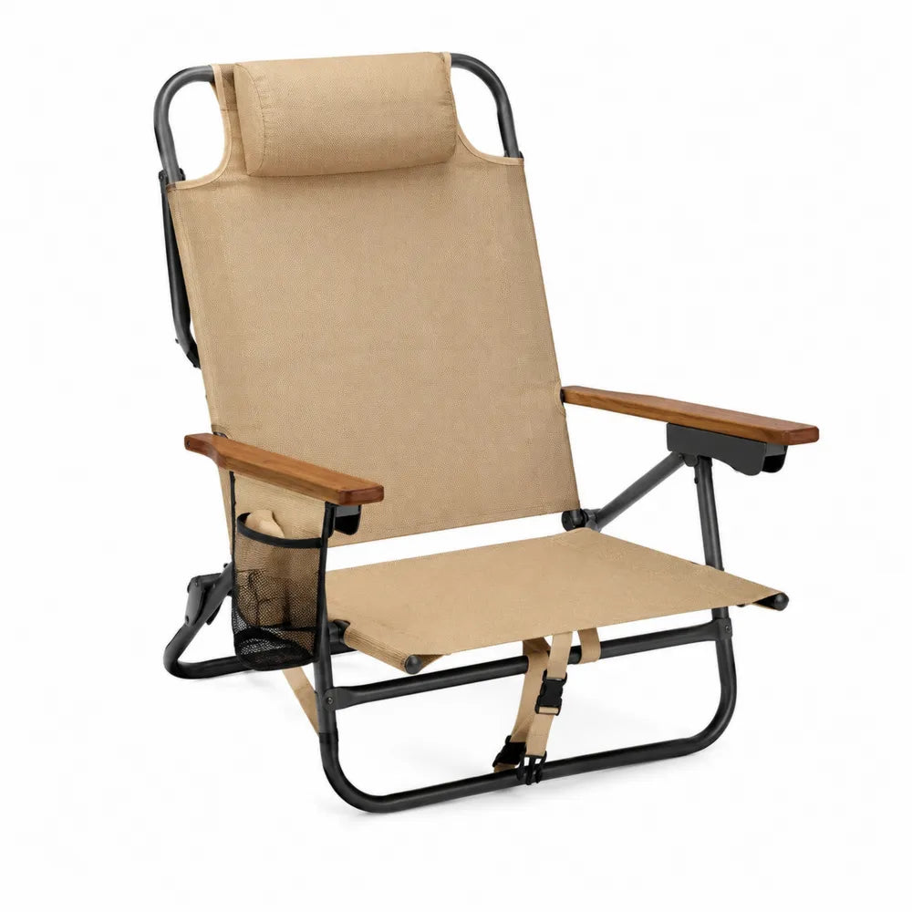 Chaise basse d’extérieur pliante avec appuie-tête 61 x 74 x 88 cm toile polyester beige cadre acier noir accoudoirs acacia
