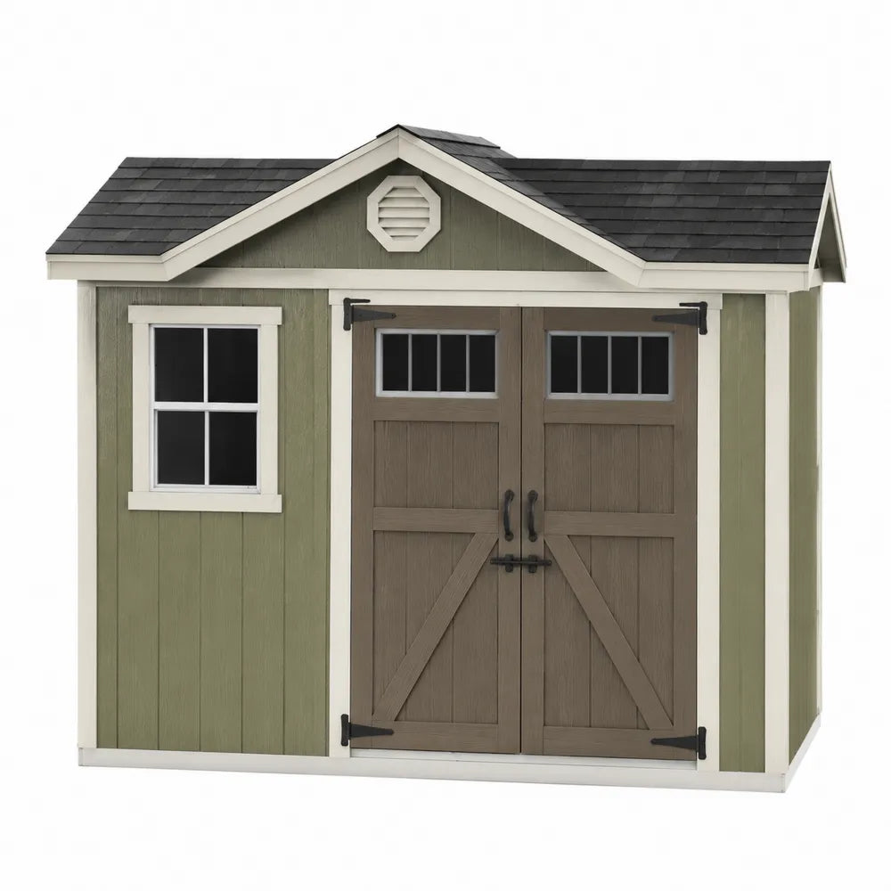 Abri de jardin de rangement rectangulaire 244 x 213 x 228 cm en polyéthylène vert sauge beige taupe et noir avec double porte et fenêtre