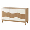 Buffet de rangement rectangulaire 3 portes façades cannelées MDF effet chêne et blanc cassé 140 cm x 40 cm x 80 cm