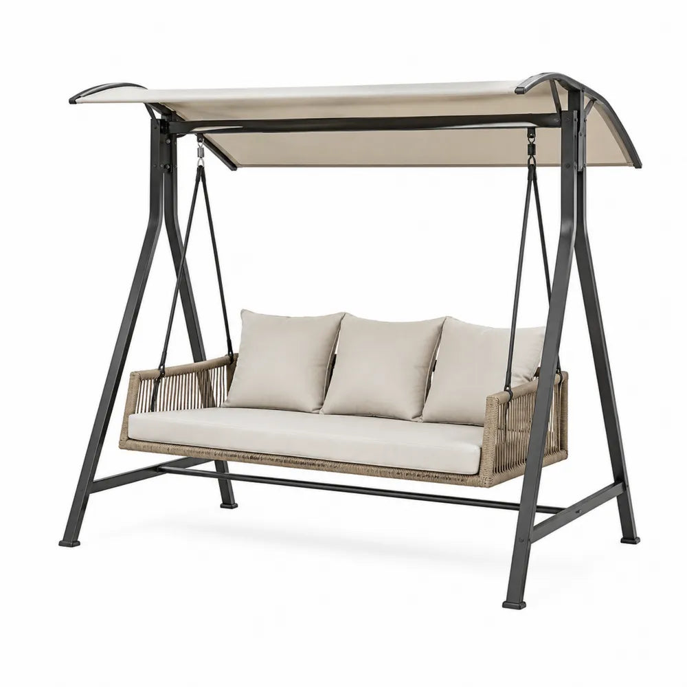 Balancelle de jardin 3 places avec auvent en acier noir corde polypropylène naturelle et coussins beige 220 x 125 x 177 cm