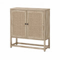 Meuble de rangement rectangulaire 2 portes cannage rotin naturel panneaux de particules chêne clair 90 cm x 35 cm x 82 cm