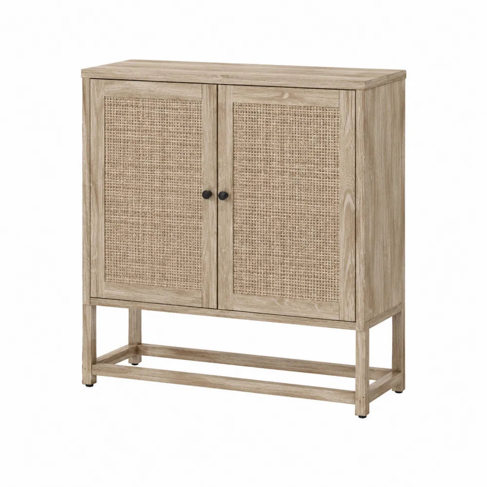 Meuble de rangement rectangulaire 2 portes cannage rotin naturel panneaux de particules chêne clair 90 cm x 35 cm x 82 cm