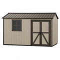 Abri de rangement extérieur 340 x 218 x 210 cm polypropylène beige brun foncé avec double porte fenêtre et toit à deux pentes