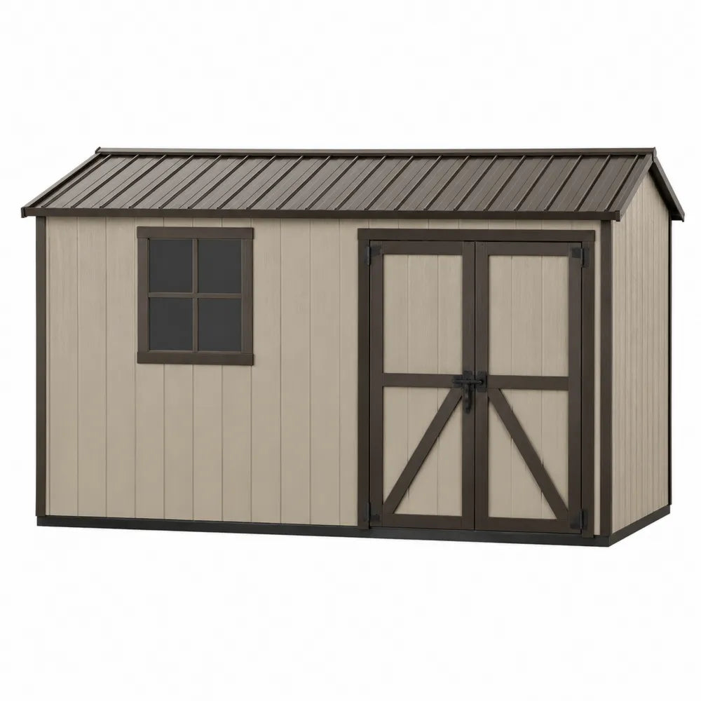 Abri de rangement extérieur 340 x 218 x 210 cm polypropylène beige brun foncé avec double porte fenêtre et toit à deux pentes