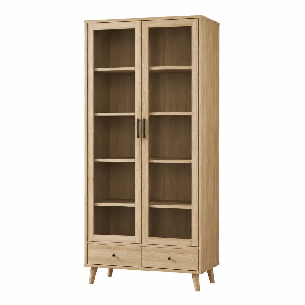 Meuble de rangement vitré 2 portes 2 tiroirs panneaux de particules mélaminés chêne clair verre trempé 80 cm x 35 cm x 180 cm