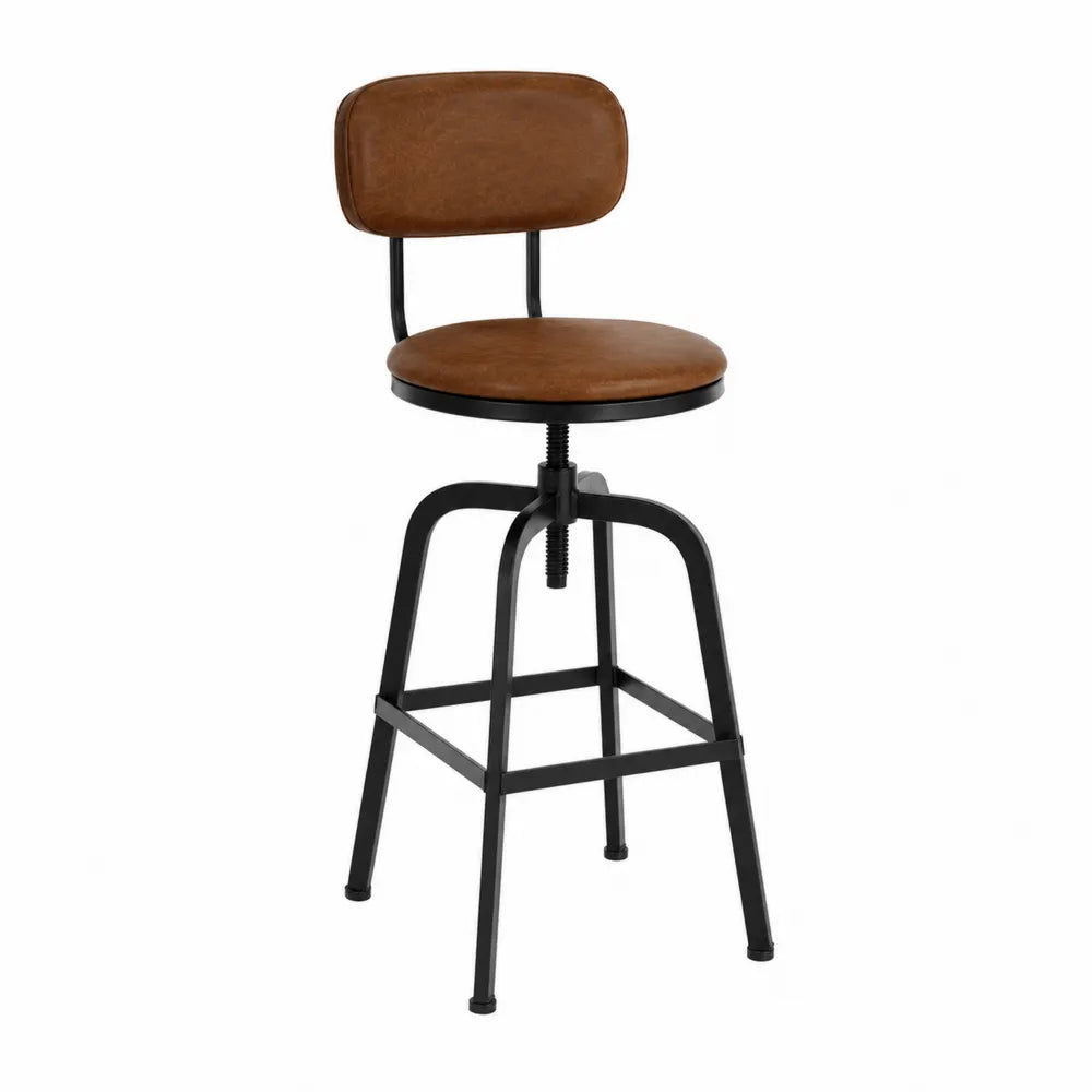 Tabouret de bar réglable avec dossier assise ronde rembourrée en simili cuir PU marron cadre en acier noir 43 cm x 43 cm x 92-112 cm