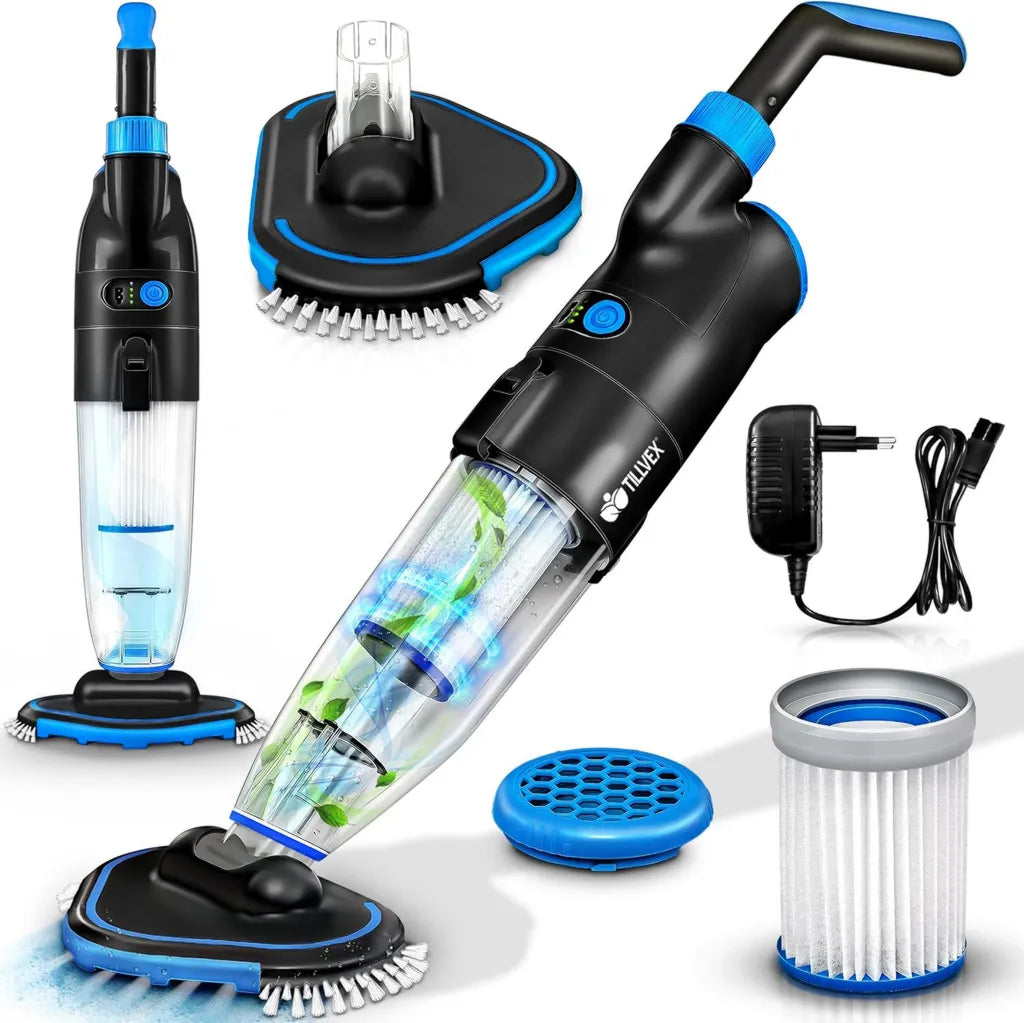 Aspirateur Piscine sans Fil Rechargeable avec Manche Télescopique, Filtre et Vitesses Réglables