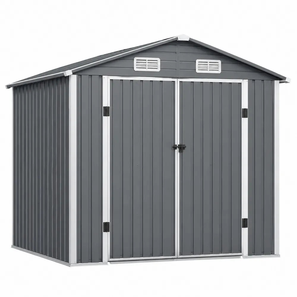 Abri de rangement extérieur rectangulaire 257 x 205 x 178 cm en acier galvanisé gris blanc et noir avec double porte