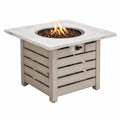 Table brasero à gaz carrée 86 x 86 x 63 cm plateau composite effet marbre blanc base effet bois gris clair foyer rond