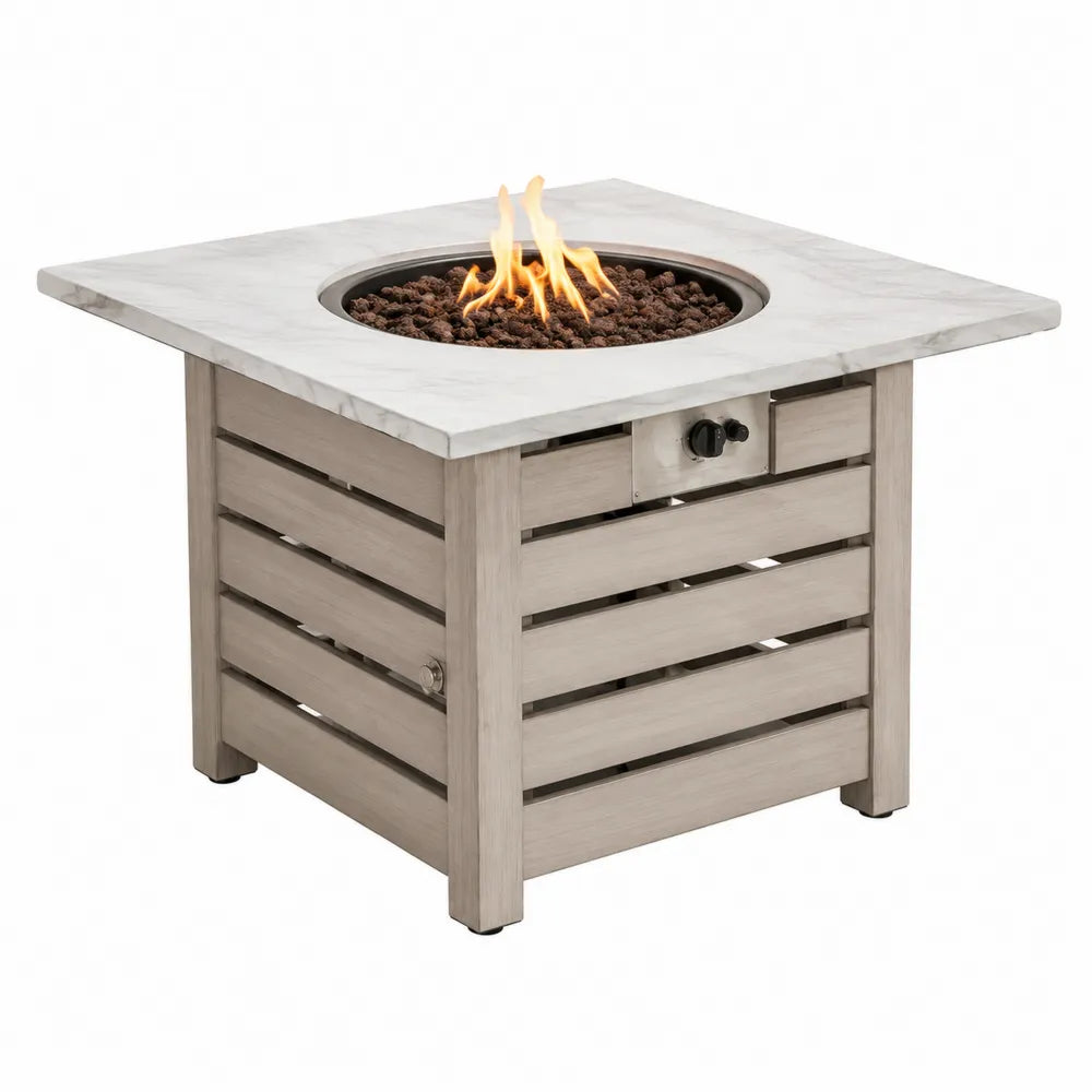 Table brasero à gaz carrée 86 x 86 x 63 cm plateau composite effet marbre blanc base effet bois gris clair foyer rond