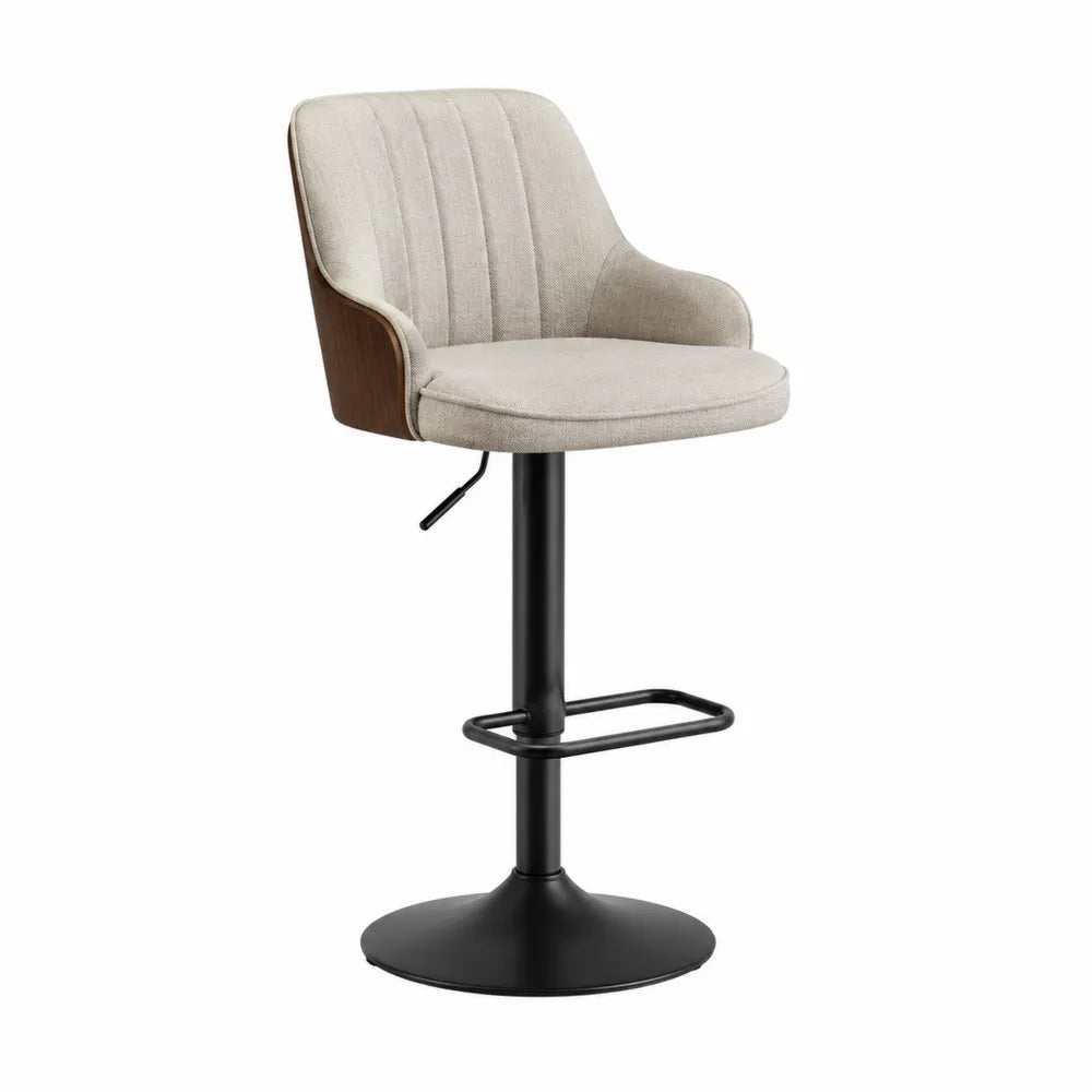 Tabouret de bar réglable avec dossier et accoudoirs assise rembourrée en tissu polyester beige coque placage noyer base acier noir 54 cm x 55 cm x 88-108 cm