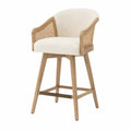 Tabouret de bar avec dossier et accoudoirs panneaux latéraux en cannage rotin naturel assise rembourrée polyester bouclé écru hévéa massif chêne clair 58 cm x 56 cm x 98 cm
