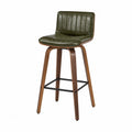 Tabouret de bar pivotant avec dossier bas assise rembourrée en simili cuir PU vert olive pieds en contreplaqué placage noyer 50 cm x 52 cm x 92 cm