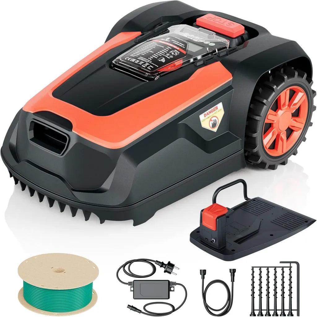 Robot tondeuse intelligente 1400 m², pente 47%, coupe 25-65mm, application mobile, capteur pluie