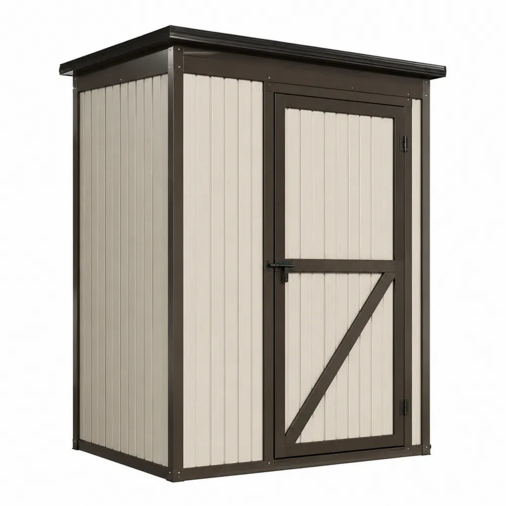 Abri de jardin de rangement rectangulaire 132 x 102 x 204 cm en polypropylène beige brun foncé et noir avec porte simple