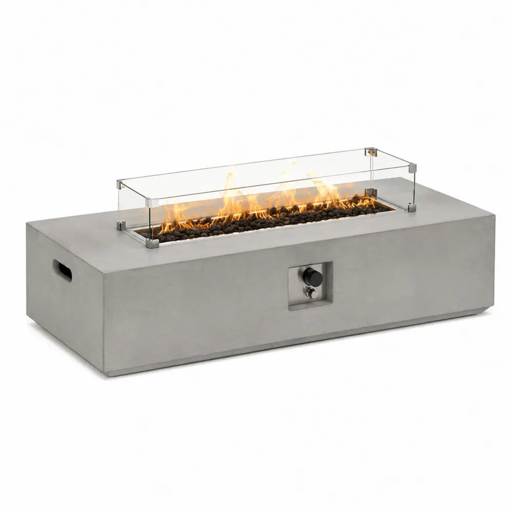 Table brasero d’extérieur à gaz rectangulaire 120 x 60 x 43 cm béton fibré gris verre trempé