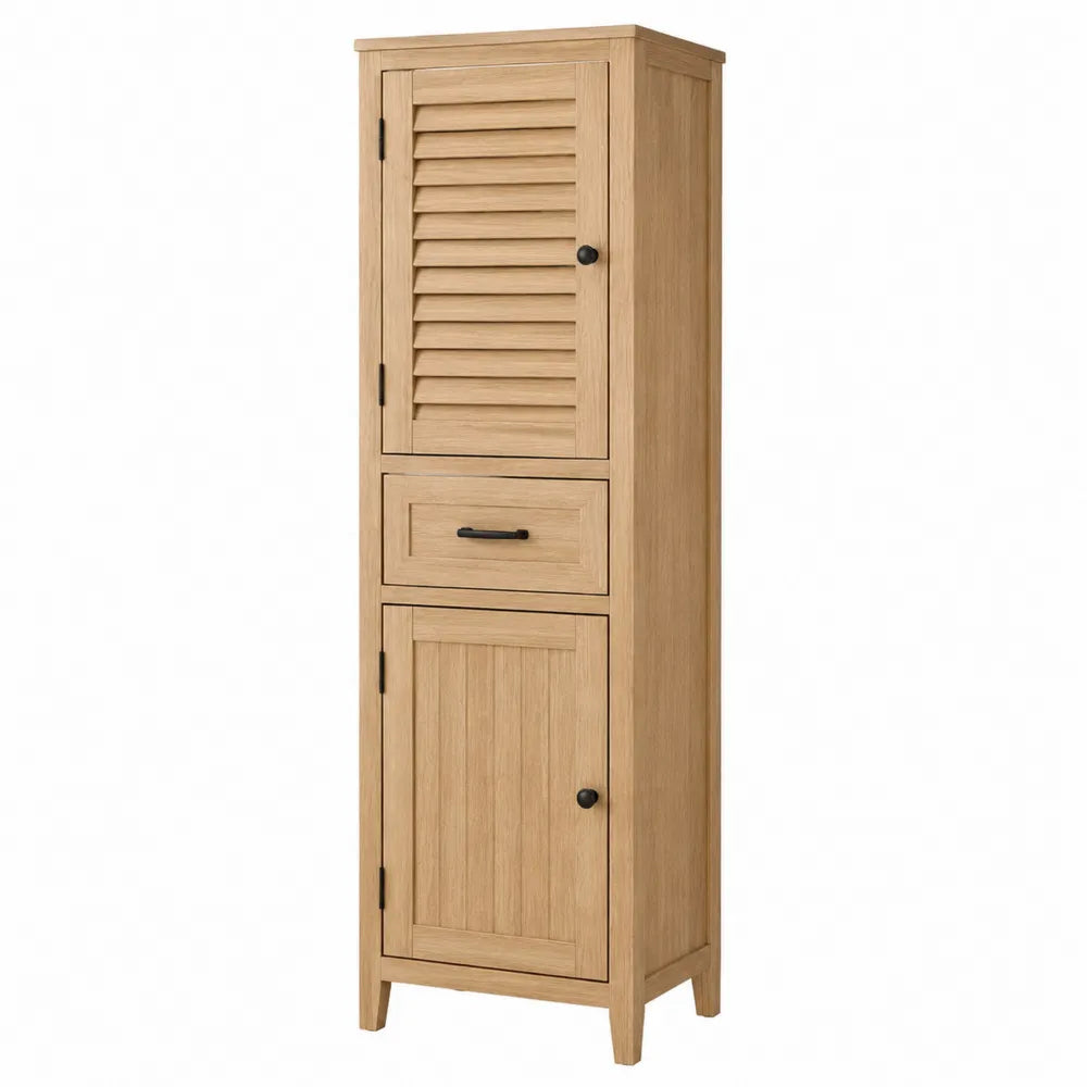 Meuble de rangement haut 1 porte persienne 1 tiroir 1 porte pleine panneaux de particules chêne clair 40 cm x 35 cm x 160 cm