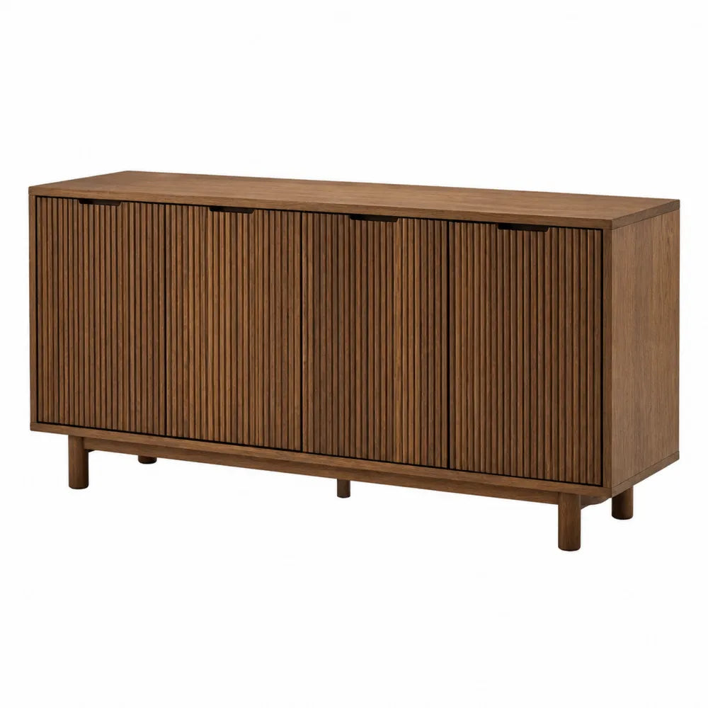 Meuble de rangement bas rectangulaire 4 portes façades rainurées MDF plaqué noyer brun 160 cm x 40 cm x 75 cm