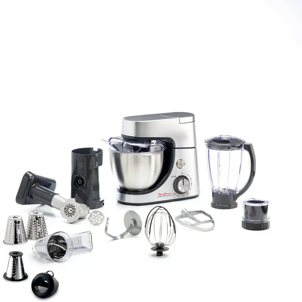 Moulinex Robot de Cuisine 1100W, Kit Pâtisserie Complet, Blender, Découpe-légumes, Hachoir à Viande, Mini Hachoir, Masterchef Gourmet Argent