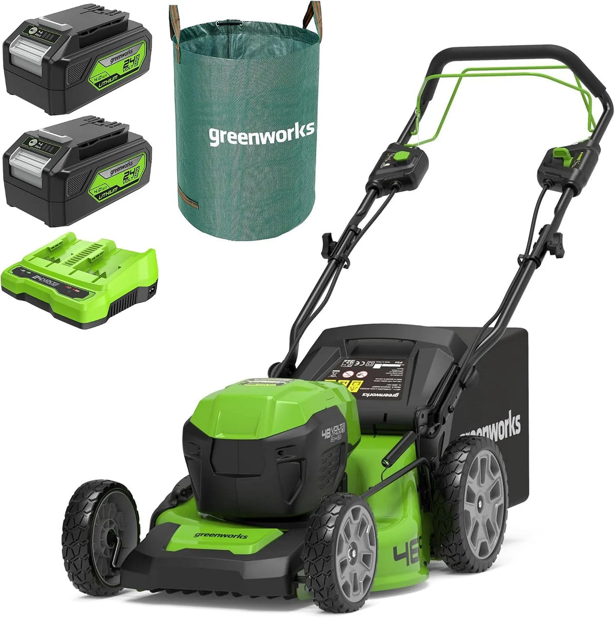 Greenworks 2x24V Tondeuse à gazon, GD24X2LM46SPK4X, sans fil, 46cm, 55L, 4Ah, 120 L, pour l'entretien du jardin
